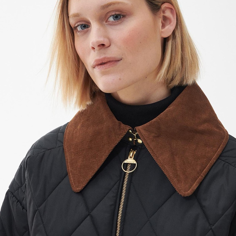 Barbour Black Quilted Jacket with Brown Collar
